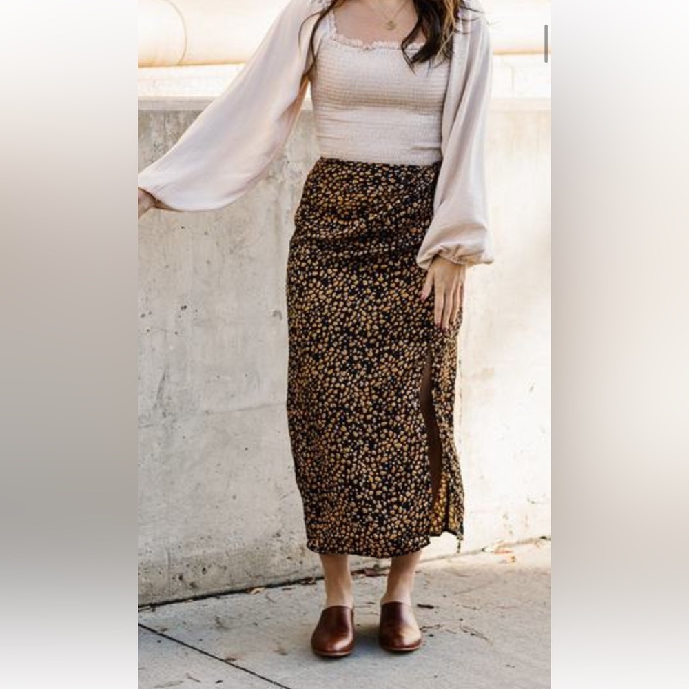 NWT LUSH Silky Black and rust/brown/gold Print Maxi Skirt
